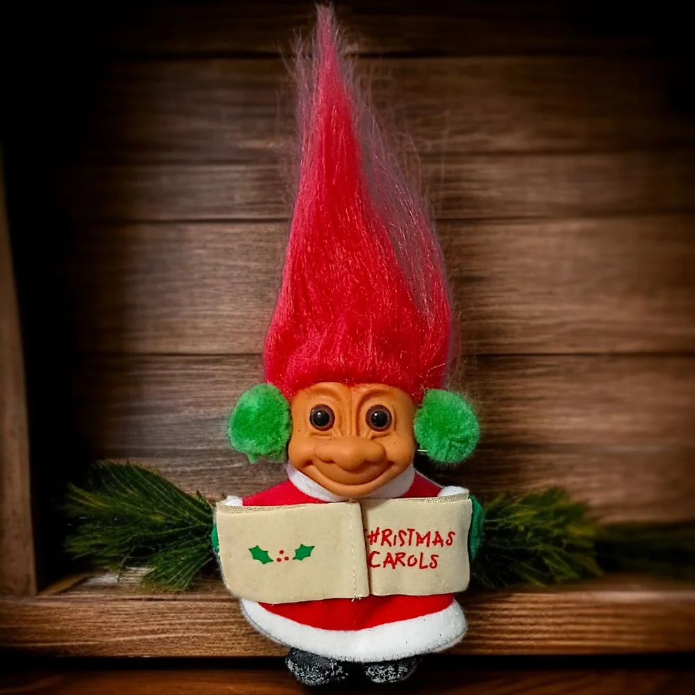 Vintage Russ Christmas Caroler‎ Troll Doll Red Hair 90s Ear Muffs Holiday Xmas
